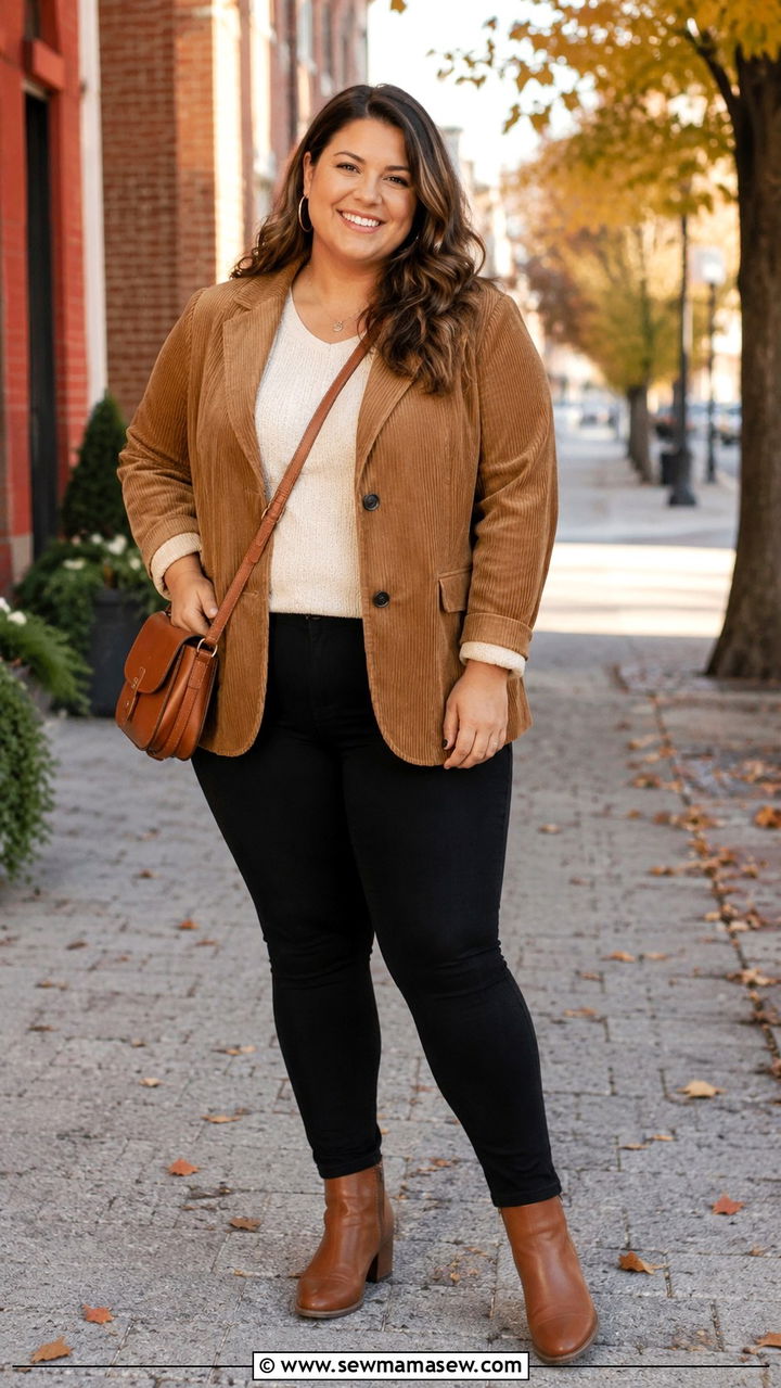 Corduroy Blazer with Ponte Pants - 30 Plus size business casual outfit ideas