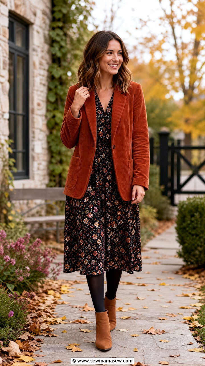 Corduroy Blazer with a Floral Dress - 30 how to style blazer outfits