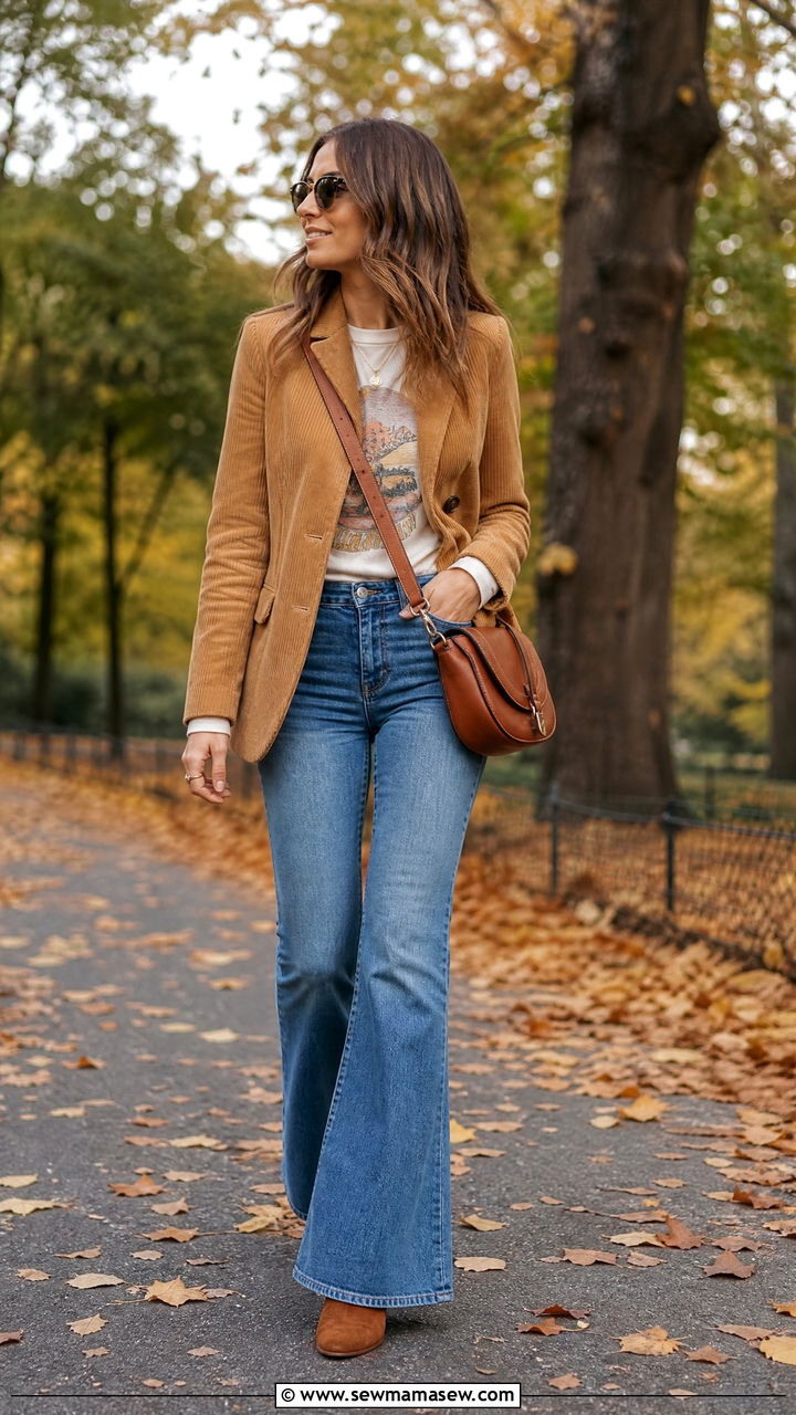 Corduroy Blazer with a Graphic Tee and Medium Wash Flare Jeans - 30 Flare jeans outfit ideas with a blazer