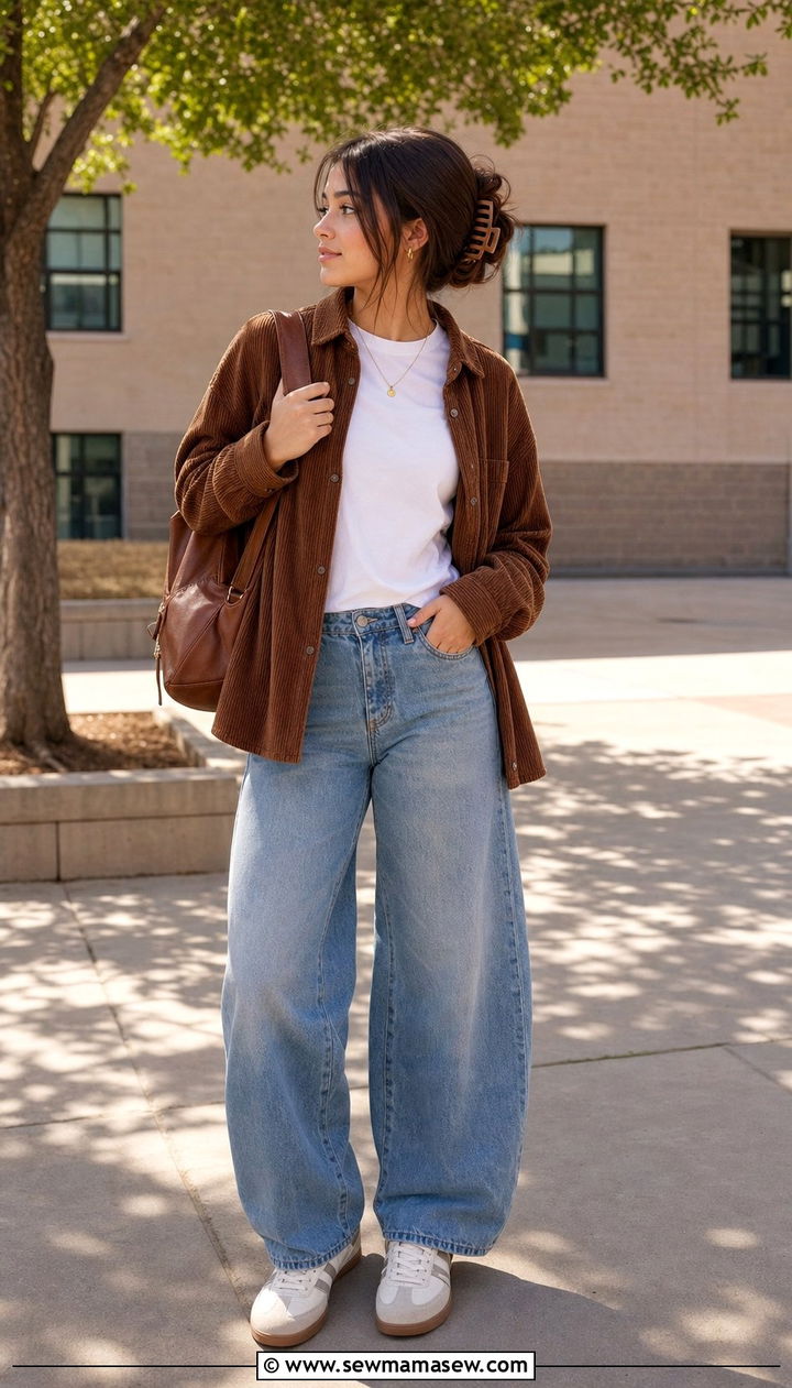 Corduroy Button Down Shirt with Tee and Barrel Leg Jeans Outfit - 35 Back to school outfit ideas 10th grade