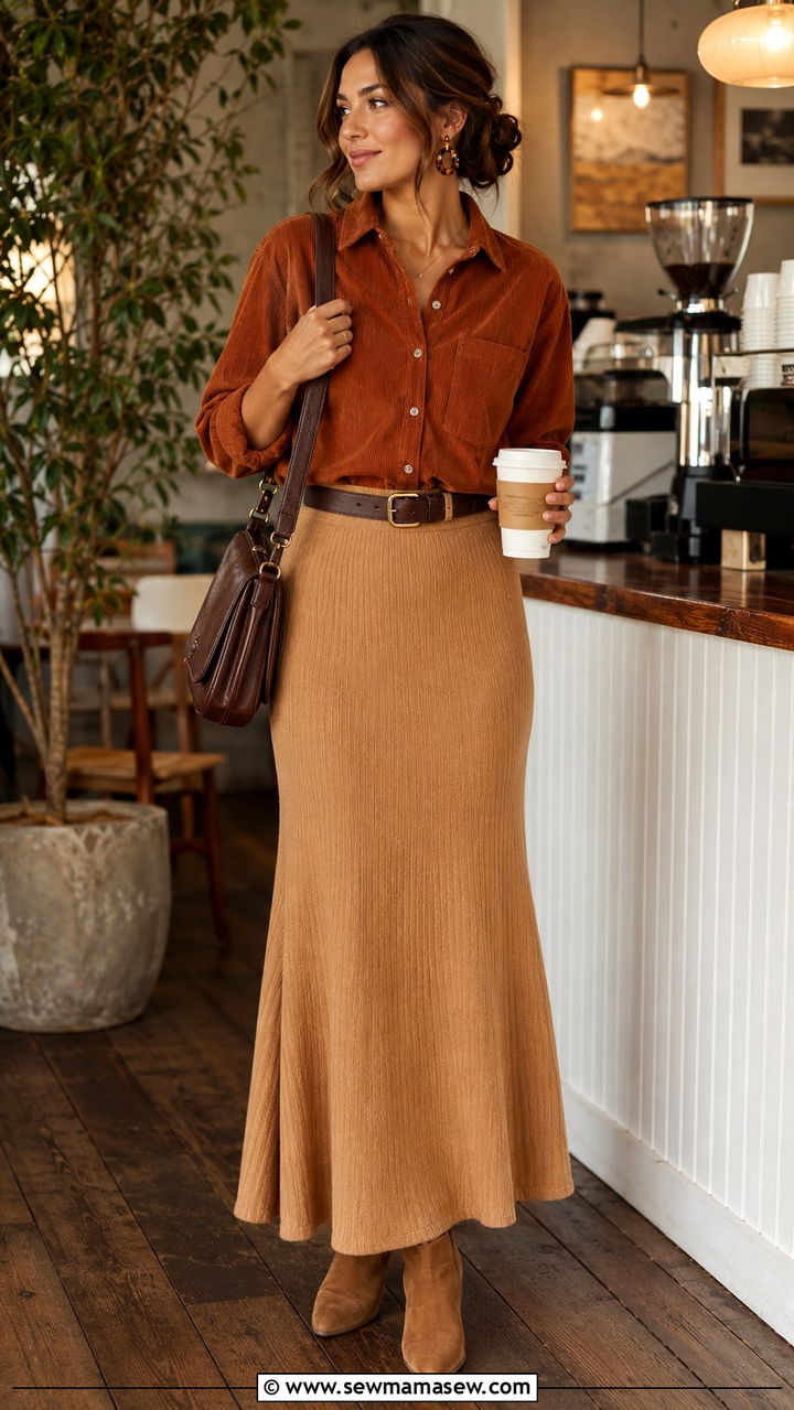 Corduroy Button Down With Knit Maxi Skirt - 30 Maxi skirt outfit ideas with a button down