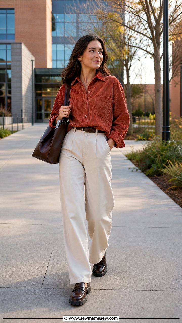 Corduroy Button Down with Wide Leg Trousers and Loafers - 30 College outfit ideas cute 2026