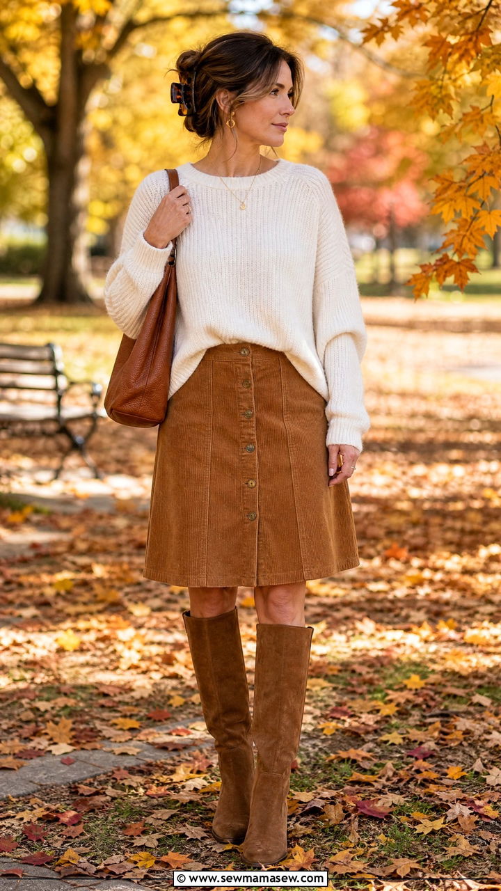 Corduroy Button Front Skirt With Relaxed Knit Sweater - 30 cottagecore outfit ideas for women over 40