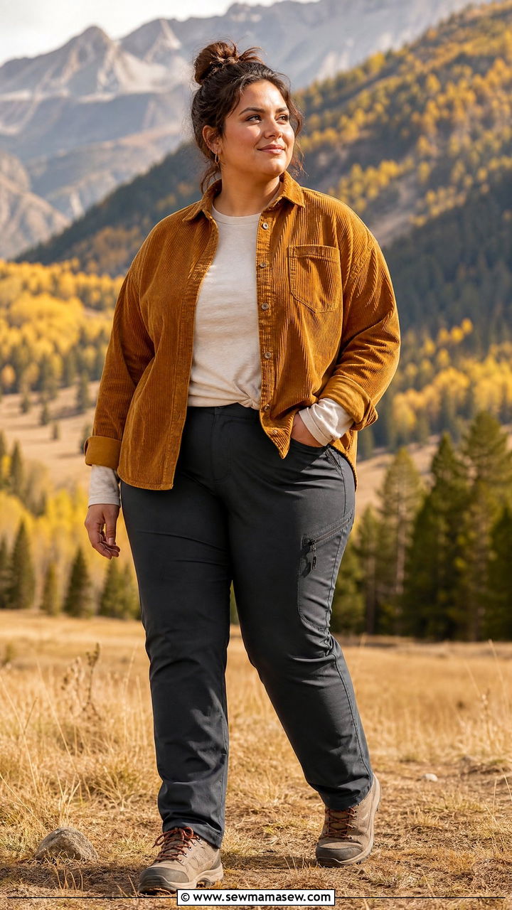 Corduroy Button Up Shirt with Softshell Hiking Pants - 25 Hiking outfit ideas plus size