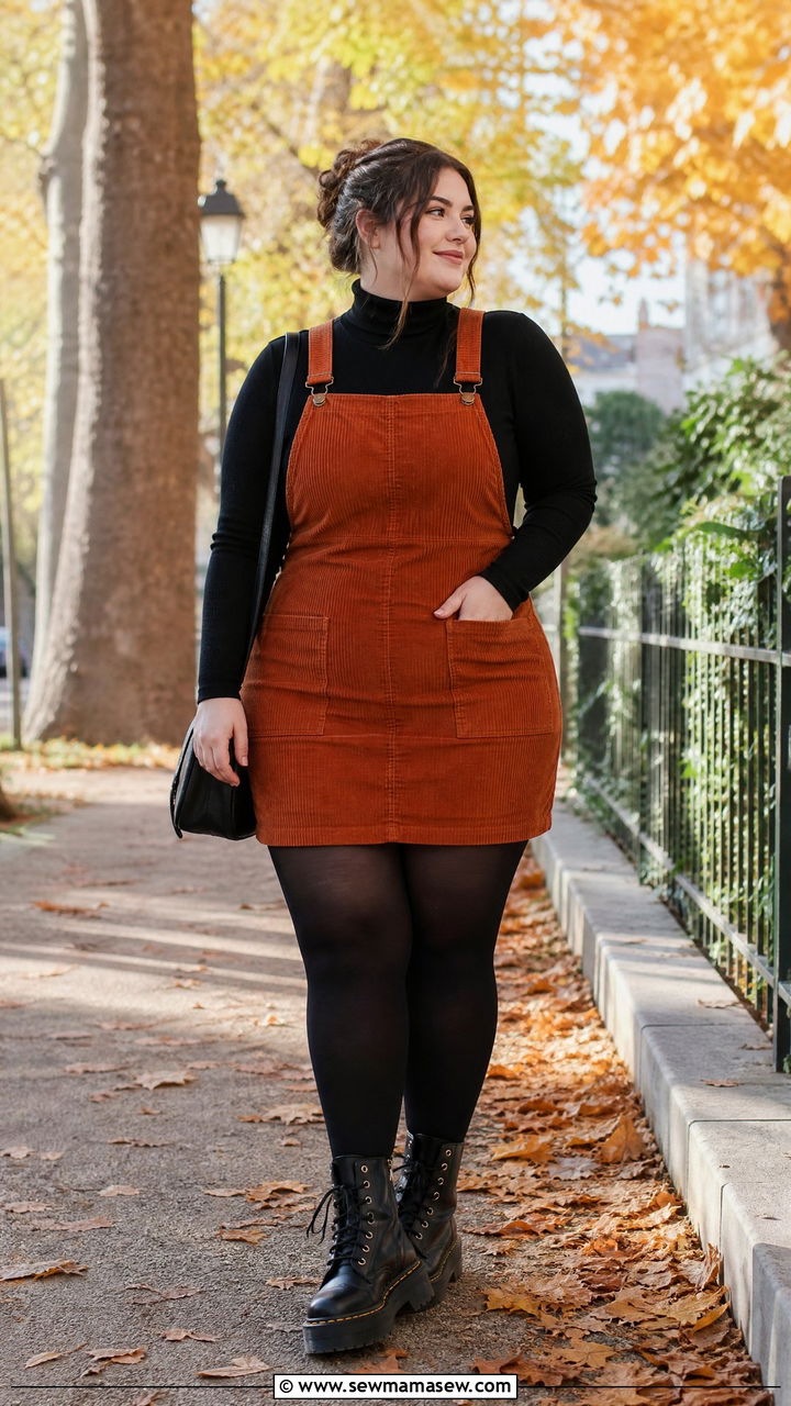 Corduroy Dress With Turtleneck And Tights - 30 classy outfits for curvy women