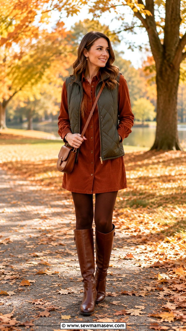 Corduroy Dress and Riding Boots With Quilted Vest Outfit - 30 Horse girl outfit ideas