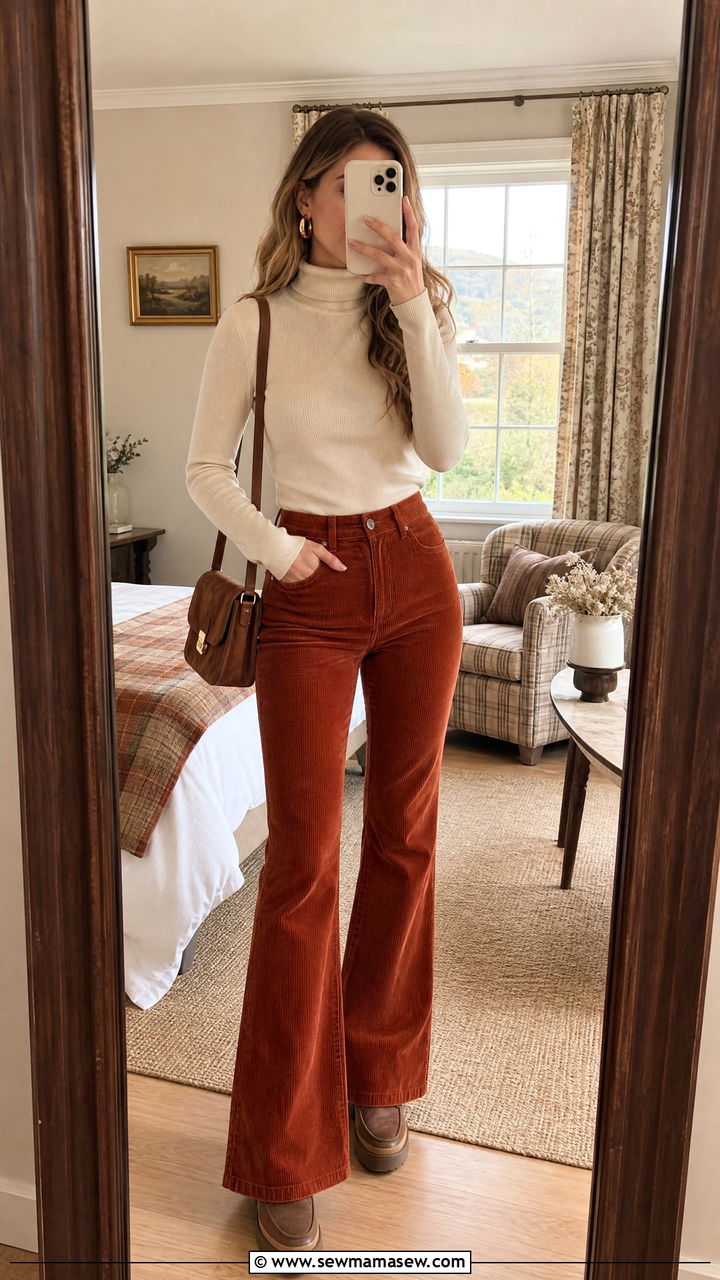 Corduroy Flare Pants with Turtleneck - 35 Hotel brunch outfit ideas