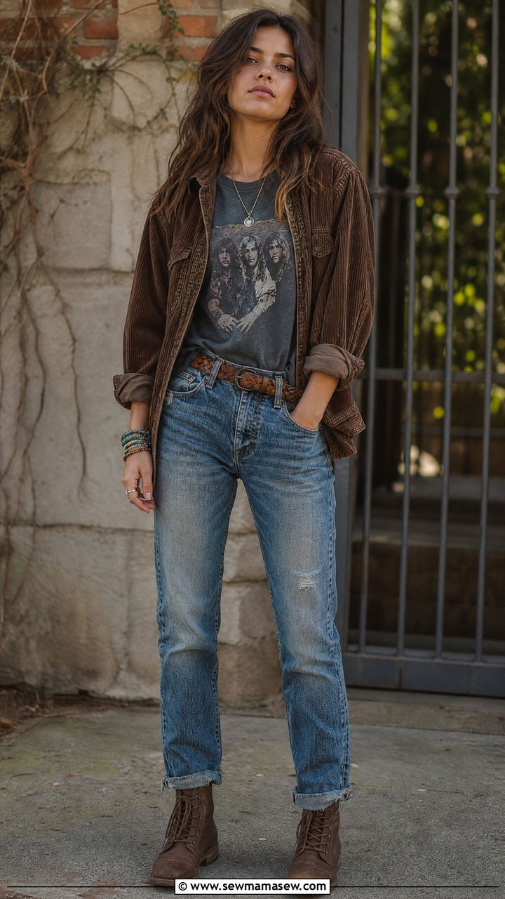Corduroy Jacket And Faded Band Tee Outfit - 25 Grunge outfit ideas 2026