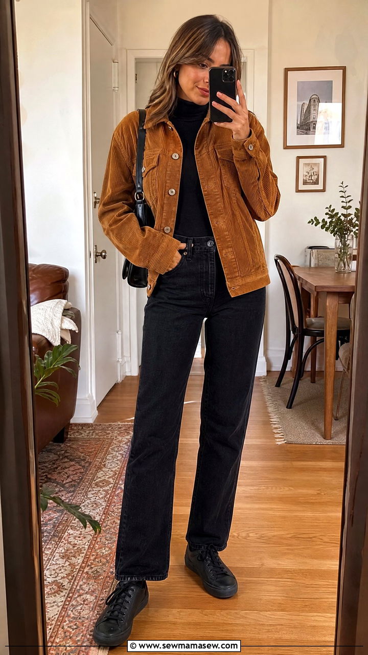 Corduroy Jacket And Turtleneck With Dark Jeans - 35 jacket outfits