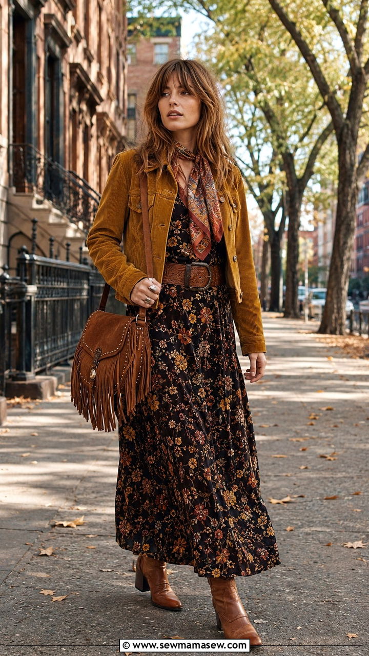 Corduroy Jacket Over a Floral Maxi Dress - 25 Boho outfit ideas 60s style