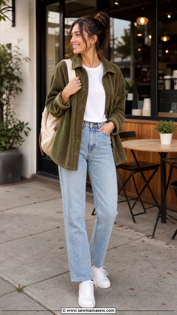 Corduroy Jacket With A White Tee And Straight Leg Jeans - 30 Outfit ideas for skinny women