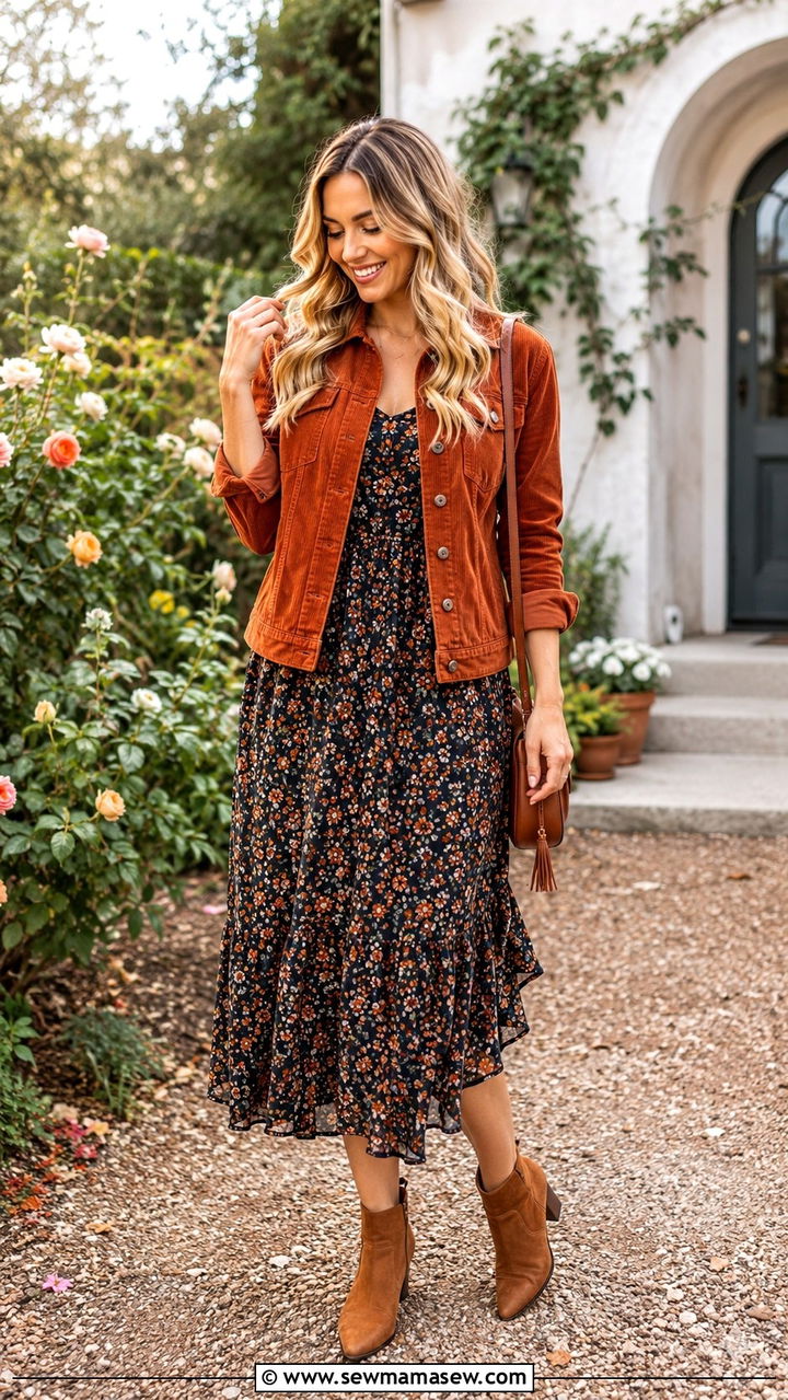 Corduroy Jacket With Floral Midi Dress And Ankle Boots - 30 transitional outfits inspo