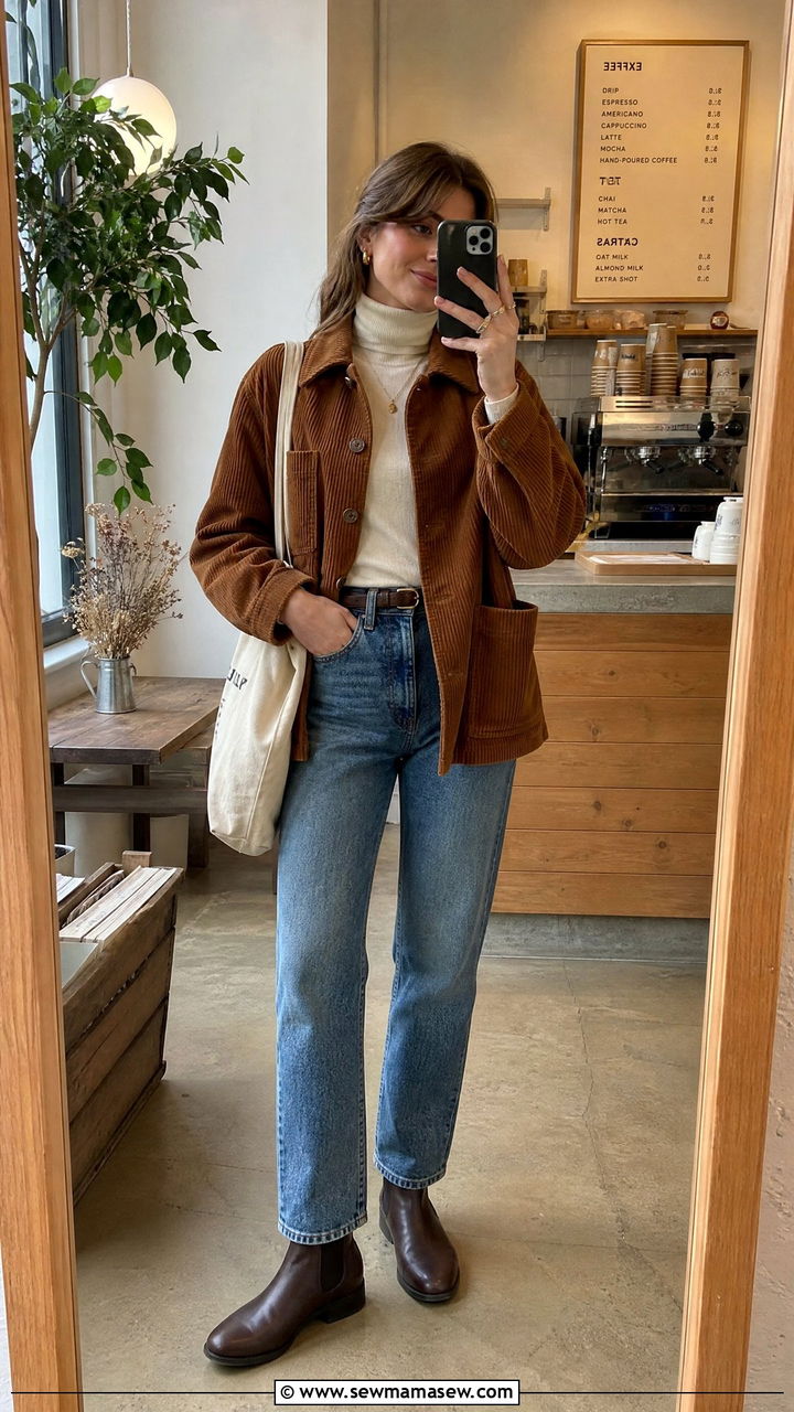Corduroy Jacket With Turtleneck and Jeans Outfit - 25 jacket outfits inspo