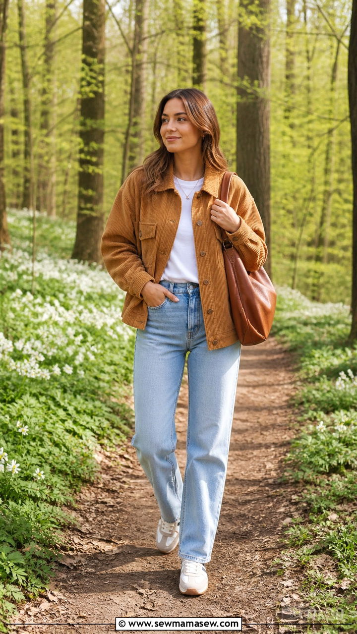 Corduroy Jacket With a White Tee and Straight Jeans - 40 Spring photoshoot outfits