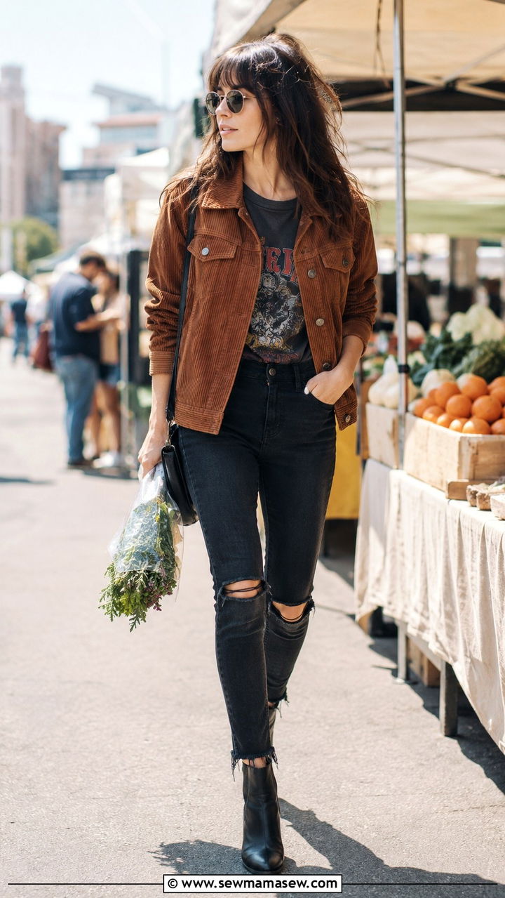 Corduroy Jacket and Band Tee with Black Ripped Jeans - 30 grunge outfits inspo