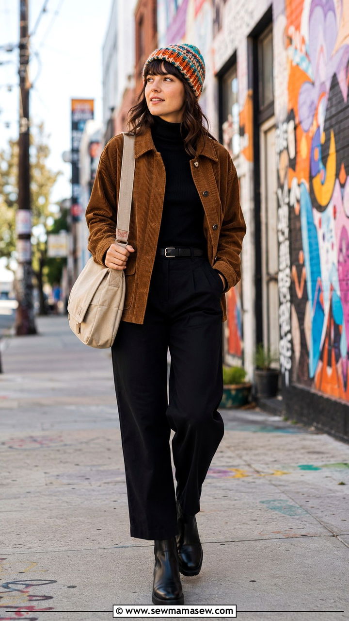 Corduroy Jacket and Black Trousers Outfit - 30 casual back to school outfits