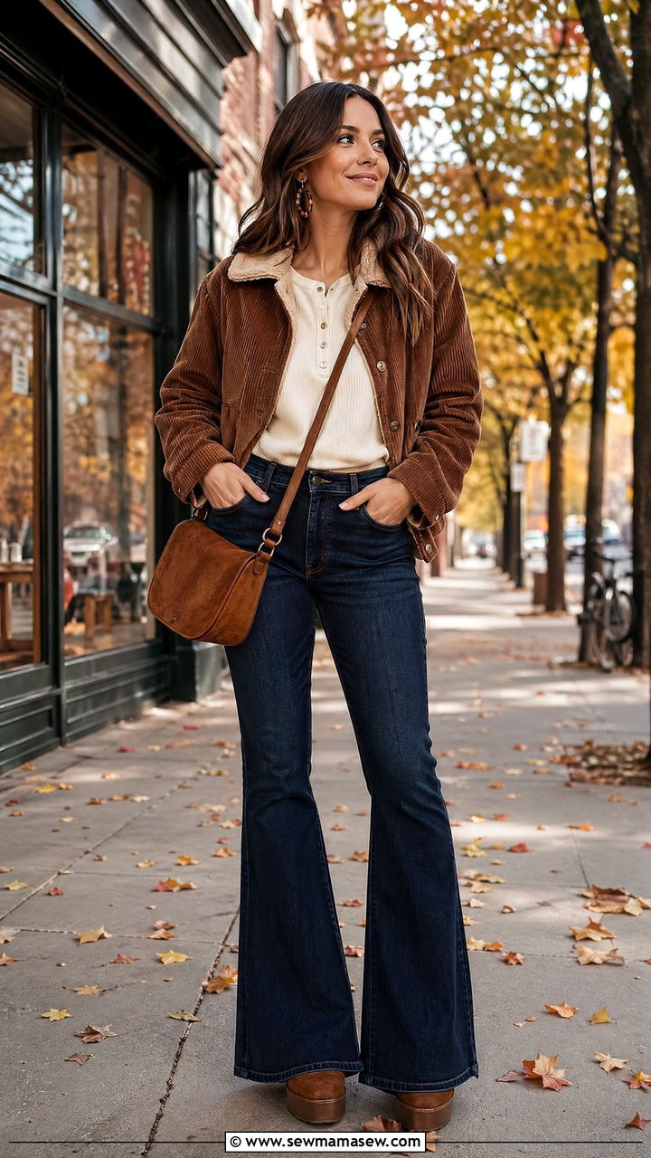 Corduroy Jacket and Flare Jeans Outfit - 35 Downtown girl outfit ideas