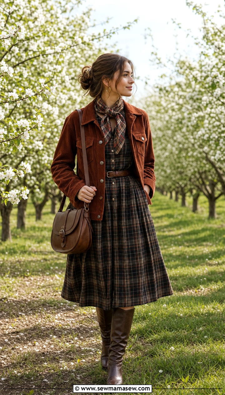 Corduroy Jacket and Plaid Dress - 25 spring dark academia outfits