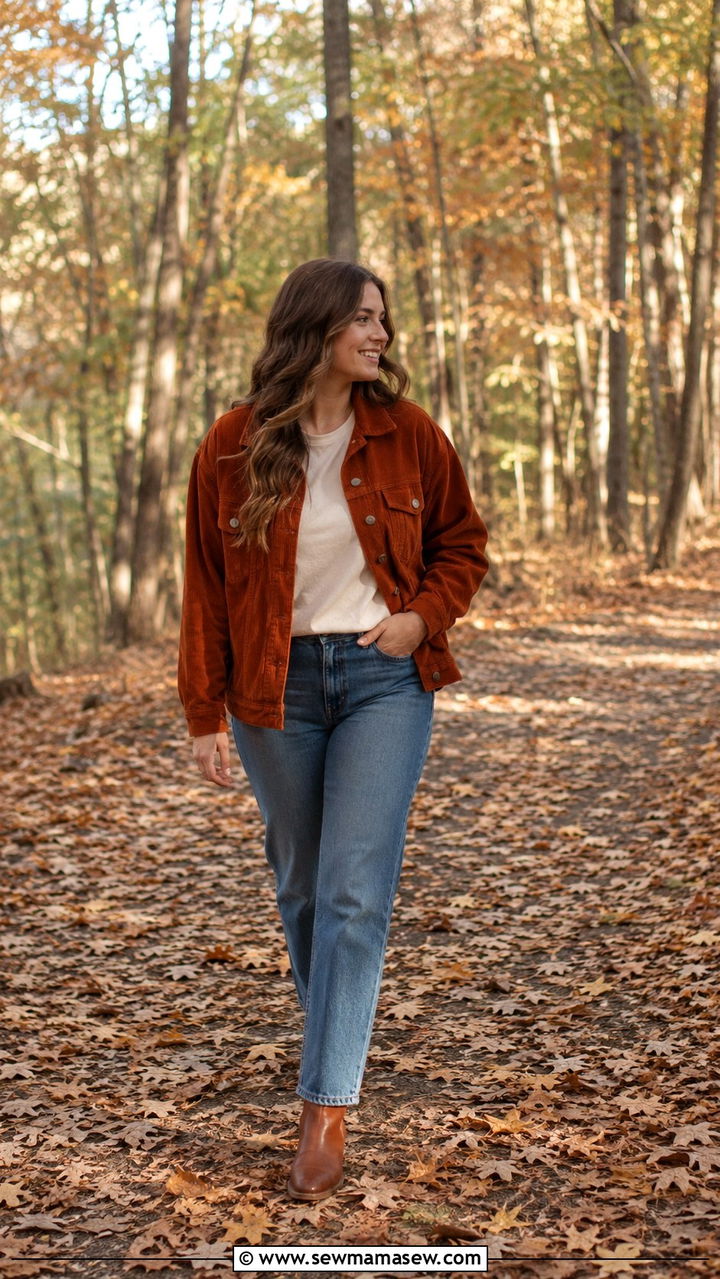 Corduroy Jacket and Straight Leg Jeans for Photoshoot - 25 Photoshoot outfits for midsize women