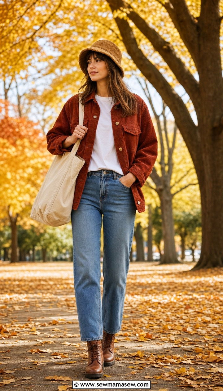 Corduroy Jacket and Straight Leg Jeans - 35 Bucket hat outfit ideas