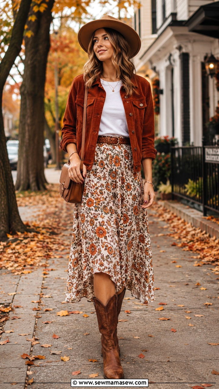 Corduroy Jacket with Printed Midi Skirt and Boots - 30 Luke Combs concert outfit ideas