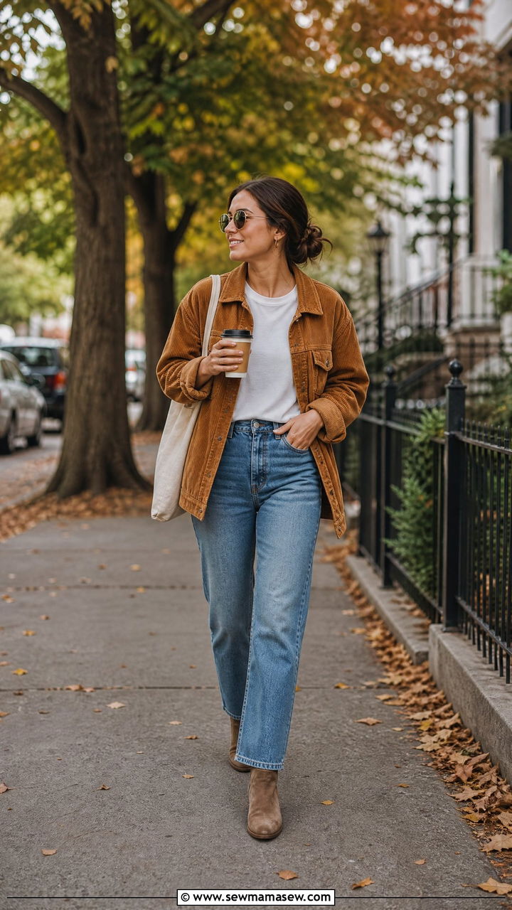 Corduroy Jacket with Straight Denim Outfit - 30 coffee run outfit ideas
