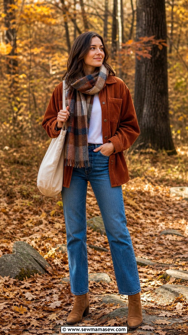 Corduroy Jacket with Straight Leg Jeans and Suede Ankle Boots - 40 jeans outfit ideas for women
