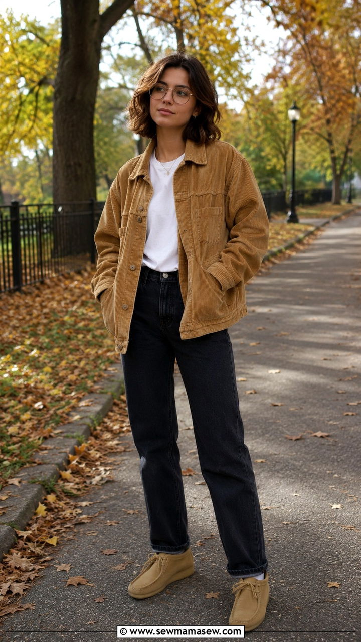 Corduroy Jacket with Straight Leg Jeans and Wallabees - 30 Tomboy outfit ideas