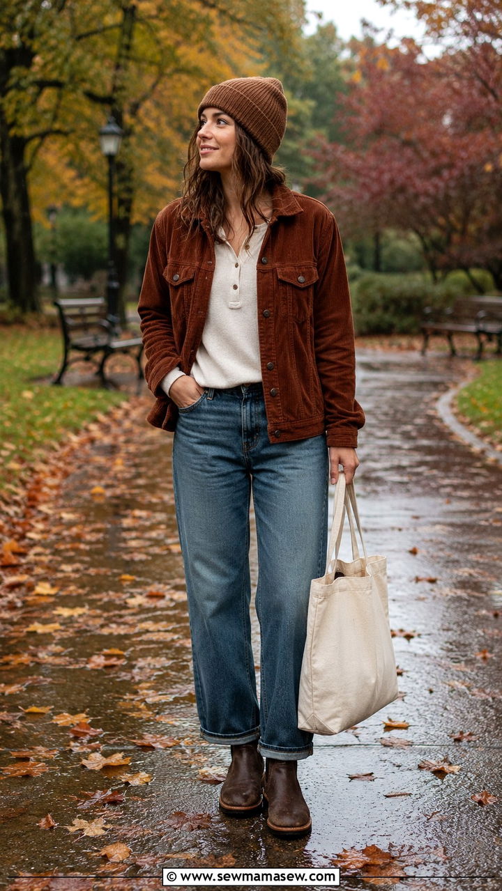 Corduroy Jacket with Straight Leg Jeans - 25 rainy day outfits aesthetic