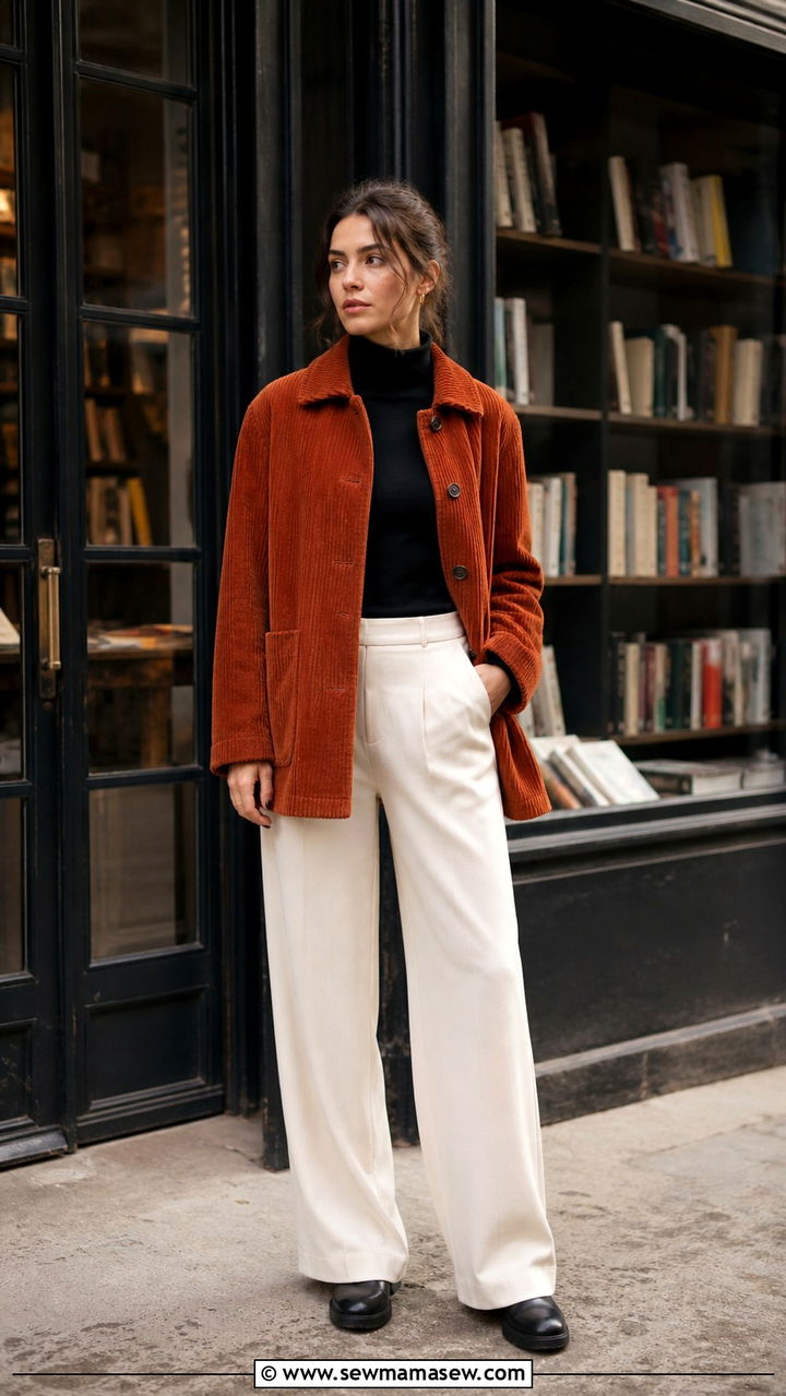 Corduroy Jacket with Turtleneck and Wide Leg Trousers - 40 casual jacket outfits