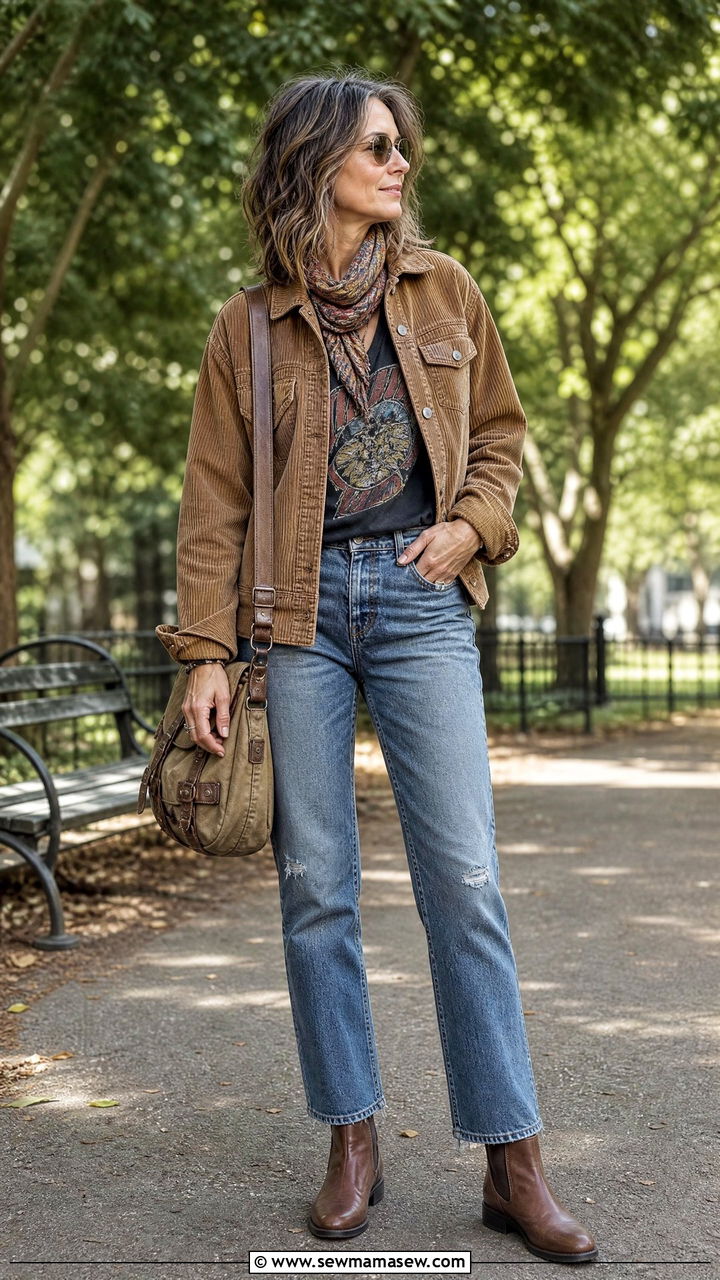 Corduroy Jacket with a Band Tee and Straight Leg Jeans - 25 grunge outfit ideas for women over 40