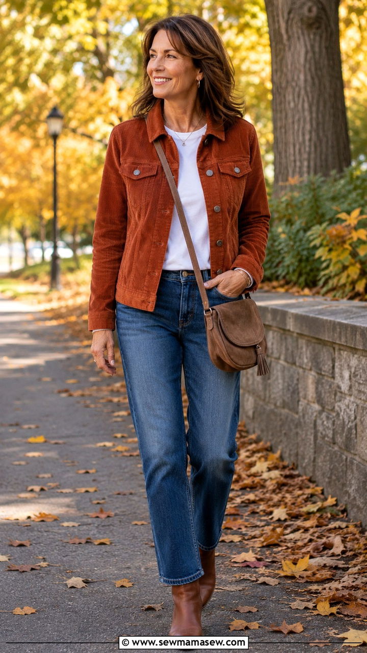 Corduroy Jacket with a Tee and Straight Leg Jeans - 30 Outfit ideas for women over 45