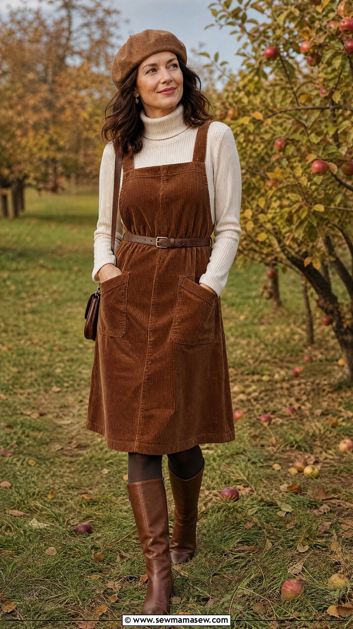 Corduroy Jumper Dress With Turtleneck And Tights - 30 cottagecore outfit ideas for women over 40