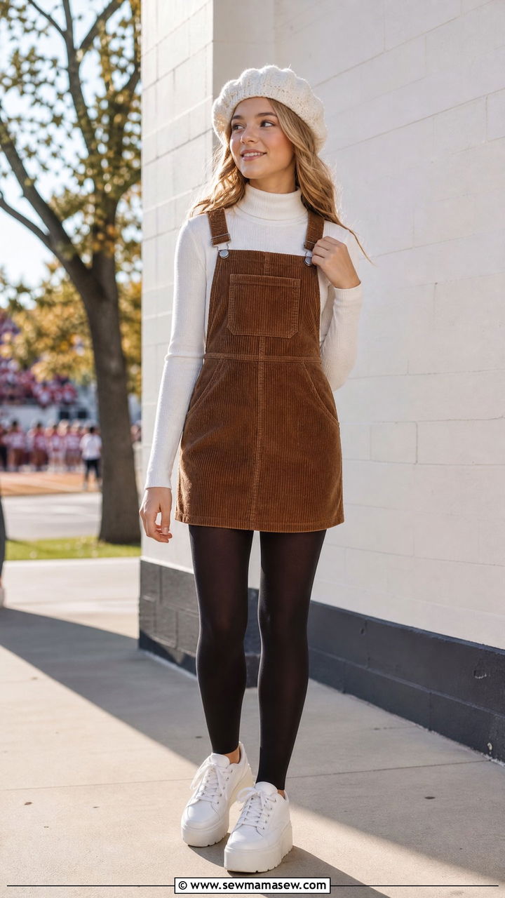 Corduroy Jumper Dress and Turtleneck Outfit - 25 Gameday outfit ideas high school