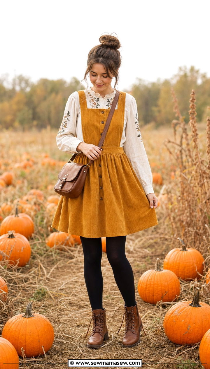 Corduroy Jumper Over Embroidered Blouse - 25 cottagecore capsule wardrobe outfits