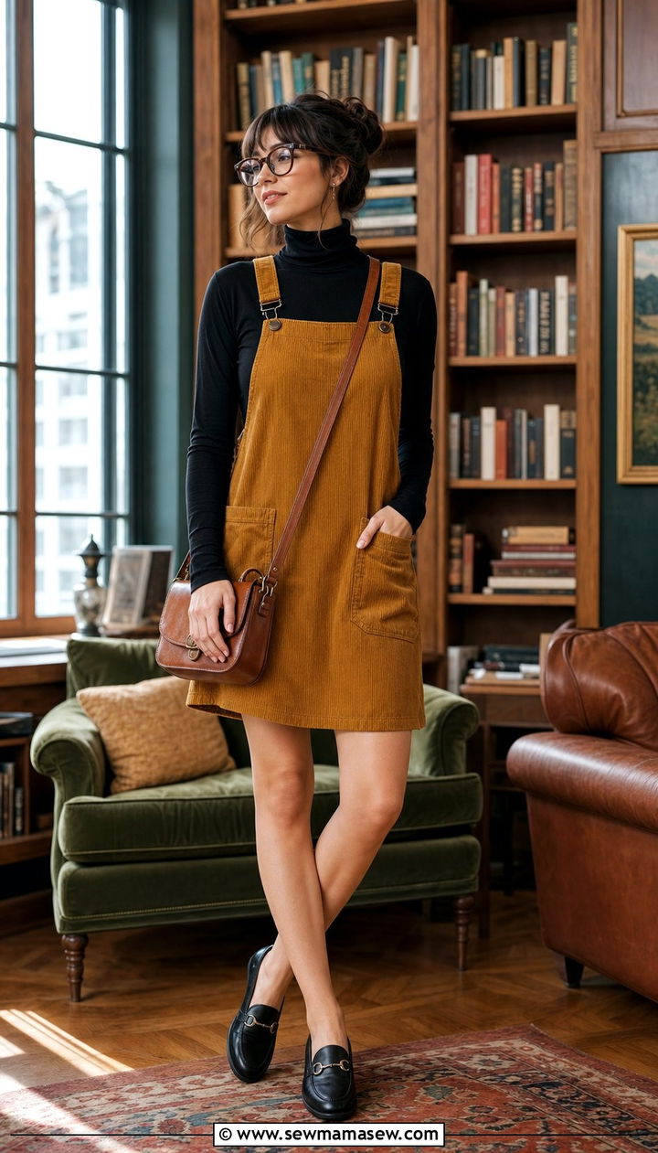 Corduroy Jumper Over Turtleneck With Loafers - 25 cute librarian core outfits