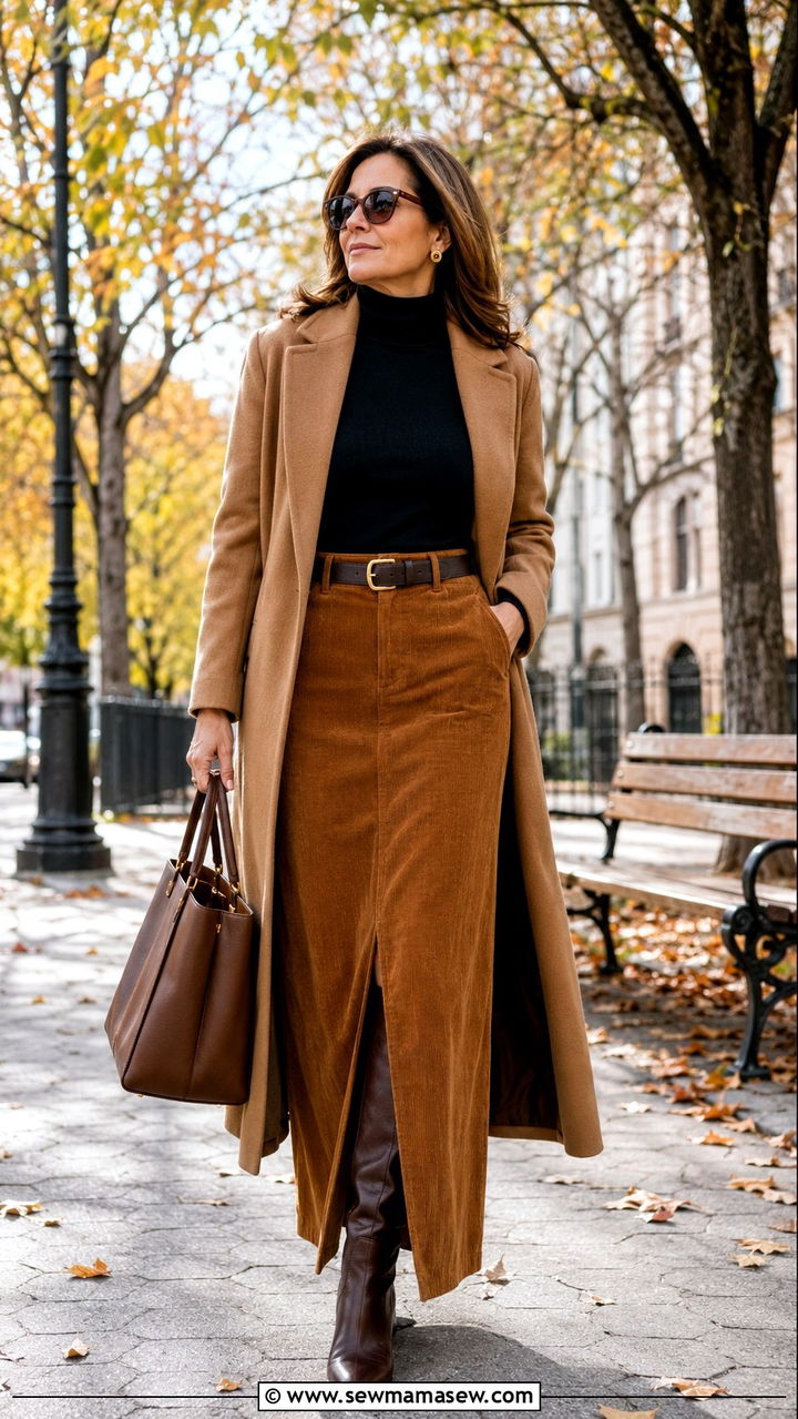Corduroy Maxi Skirt Outfit With Turtleneck - 30 maxi skirt outfits for women over 40