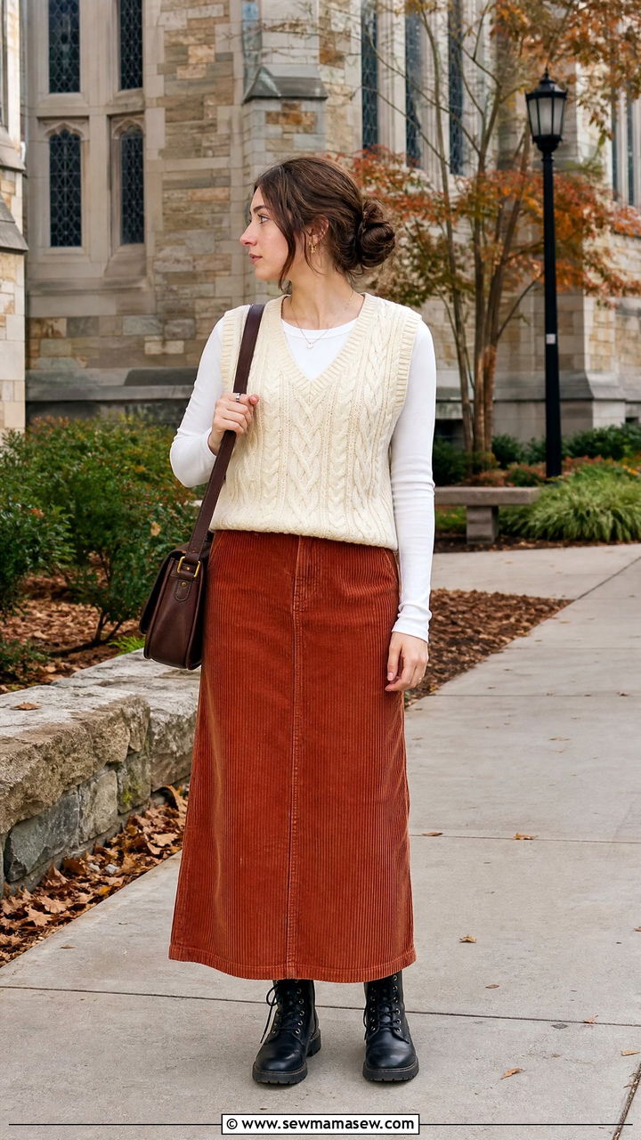 Corduroy Maxi Skirt With Sweater Vest And Combat Boots - 35 maxi skirt outfits aesthetic