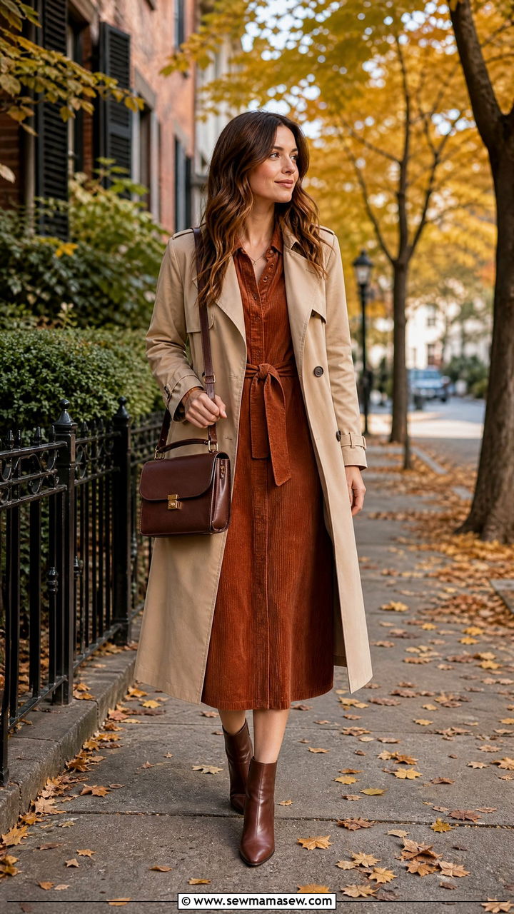 Corduroy Midi Dress With Trench - 35 midi dress outfit ideas for women