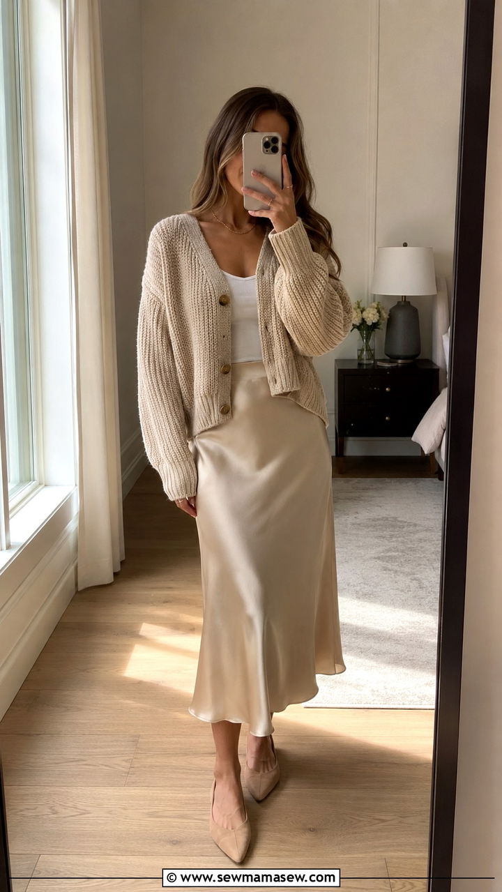 Corduroy Midi Skirt With A Fine Knit Sweater - 30 transitional modest outfit ideas