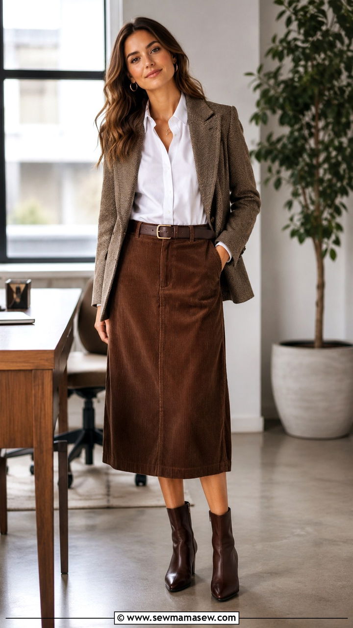 Corduroy Midi Skirt With Button Down Shirt - 30 Office outfits with midi skirt