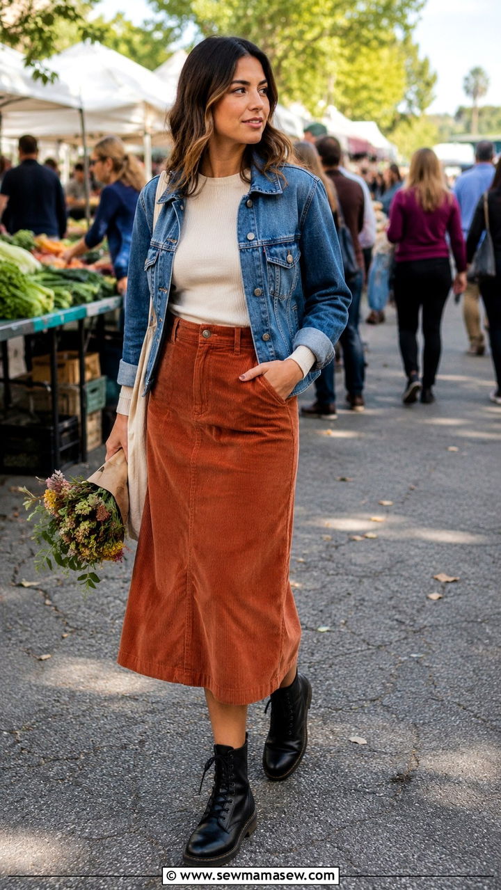 Corduroy Midi Skirt With Combat Boots - 30 Midi skirt outfit ideas with boots