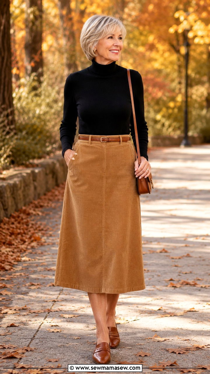 Corduroy Midi Skirt With Turtleneck Bodysuit and Leather Loafers - 20 How to style a midi skirt over 60