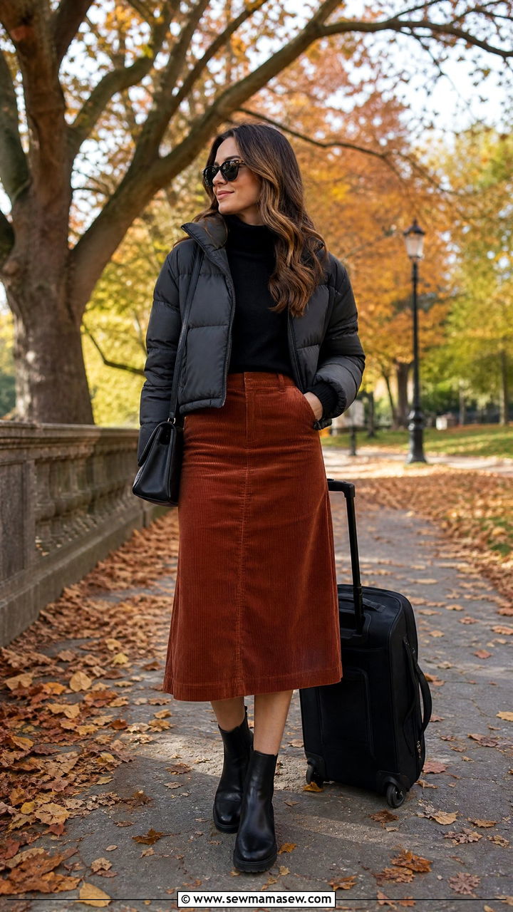 Corduroy Midi Skirt With Turtleneck - 25 How to style a midi skirt for travel