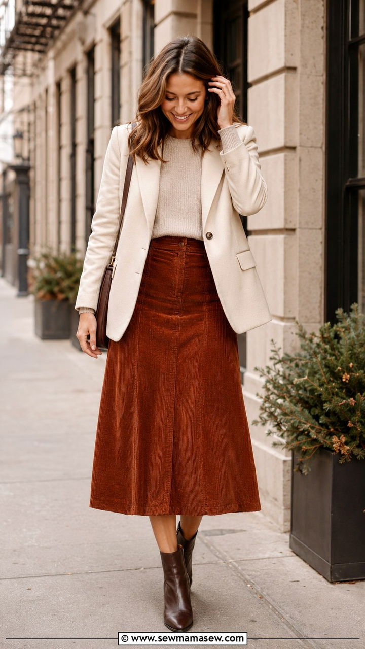 Corduroy Midi Skirt With a Blazer - 30 Midi skirt outfit ideas with a blazer