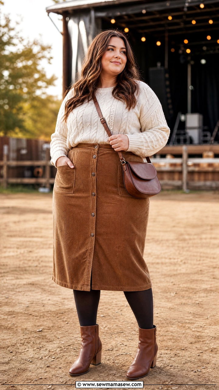 Corduroy Midi Skirt with Cozy Sweater and Ankle Boots - 30 Country concert outfit ideas plus size