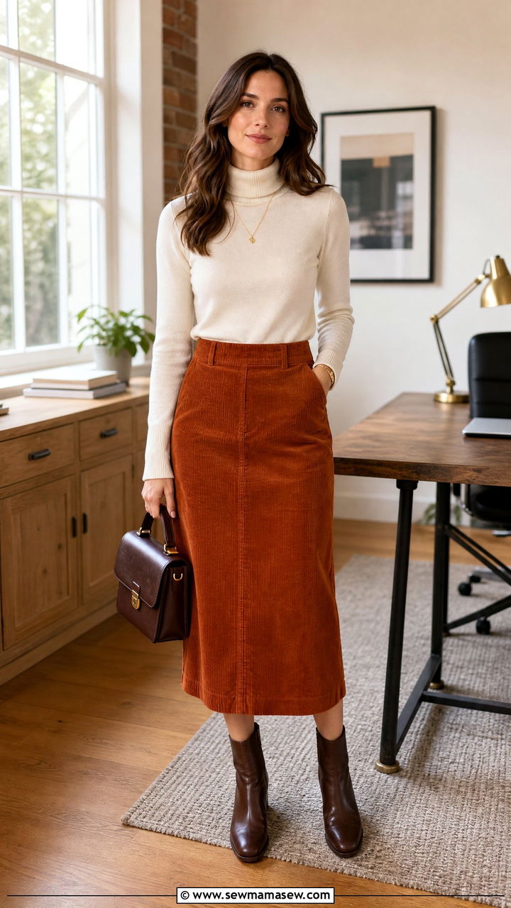 Corduroy Midi Skirt with Turtleneck and Ankle Boots - 25 How to style a midi skirt for work
