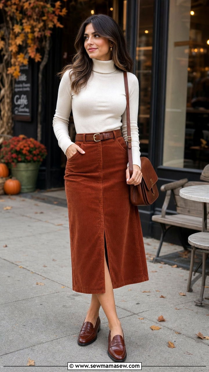Corduroy Midi Skirt with Turtleneck and Loafers - 35 casual midi skirt outfits