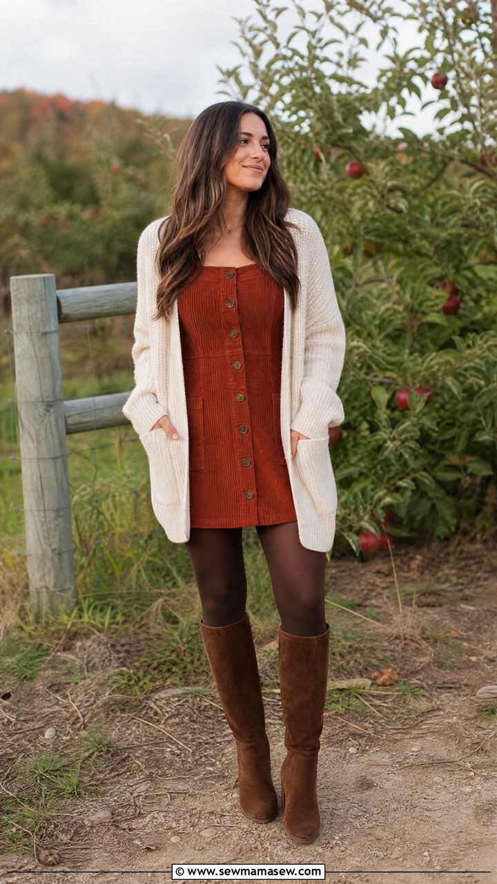 Corduroy Mini Dress With Opaque Tights - 30 Mini dress outfit ideas with tights