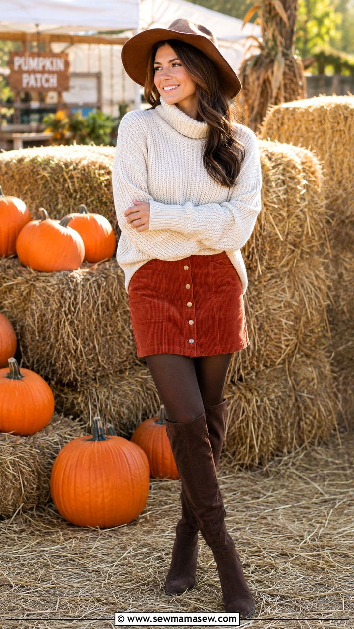 Corduroy Mini Skirt With Chunky Sweater And Suede Boots - 25 Boho outfit ideas with suede boots